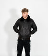 Men's Leather Pilot Bomber Jacket with Detachable Collar - Black