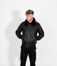Men's Leather Pilot Bomber Jacket with Detachable Collar - Black