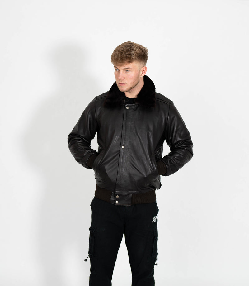 Men's Leather Pilot Bomber Jacket with Detachable Collar - Black