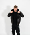 Men's Leather Pilot Bomber Jacket with Detachable Collar - Black