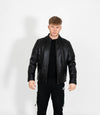 Men's Classic Mandarin Collar Racer Style Leather Jacket - Black