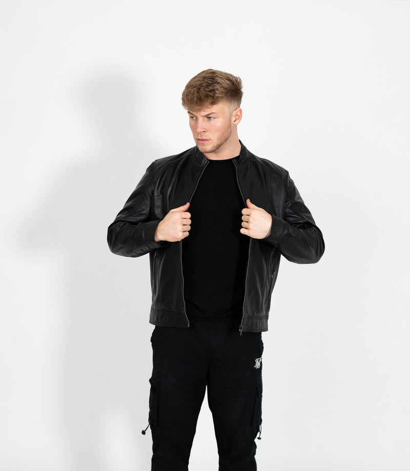 Men's Classic Mandarin Collar Racer Style Leather Jacket - Black