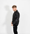 Men's Classic Mandarin Collar Racer Style Leather Jacket - Black