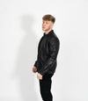 Men's Classic Mandarin Collar Racer Style Leather Jacket - Black