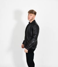 Men's Classic Mandarin Collar Racer Style Leather Jacket - Black