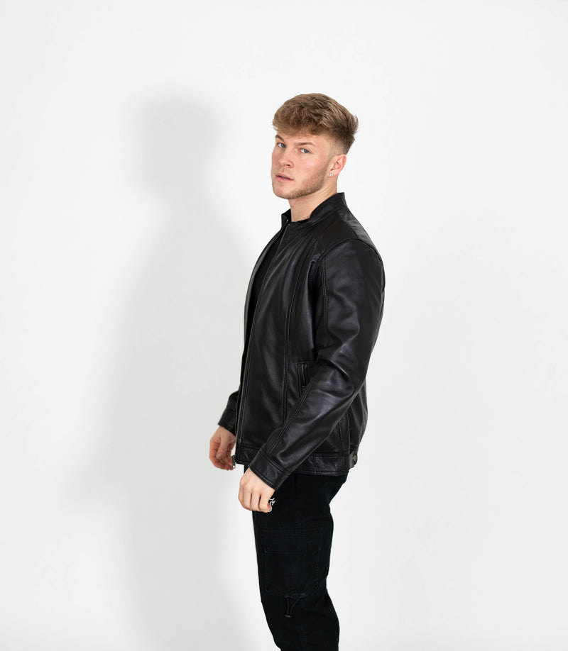Men's Classic Mandarin Collar Racer Style Leather Jacket - Black