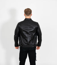 Men's Classic Mandarin Collar Racer Style Leather Jacket - Black