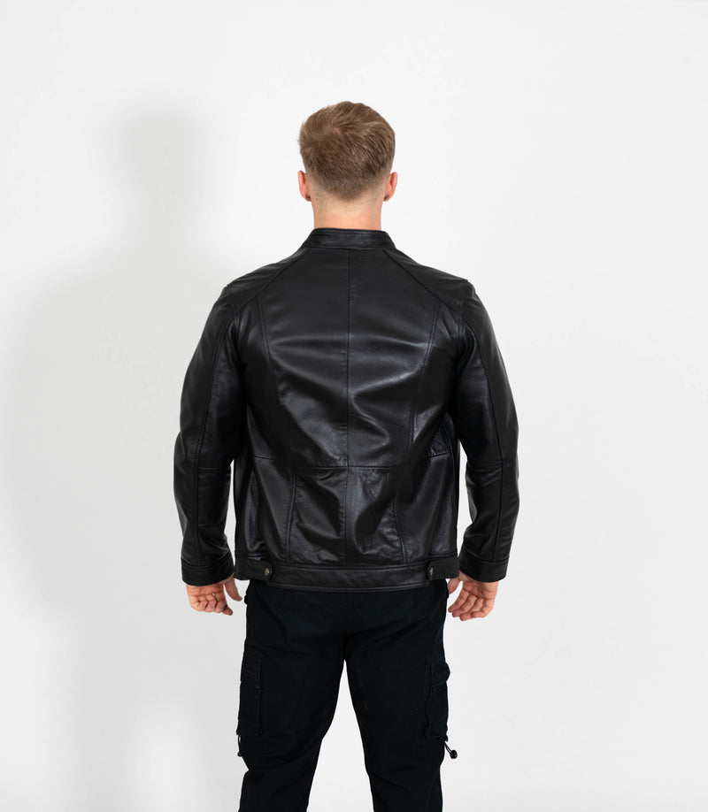 Men's Classic Mandarin Collar Racer Style Leather Jacket - Black