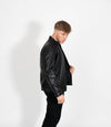 Men's Classic Mandarin Collar Racer Style Leather Jacket - Black