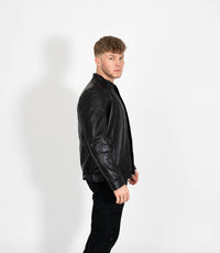 Men's Classic Mandarin Collar Racer Style Leather Jacket - Black