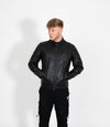 Men's Classic Mandarin Collar Racer Style Leather Jacket - Black