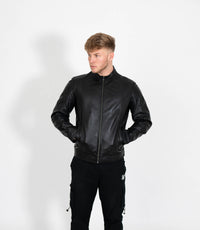 Men's Classic Mandarin Collar Racer Style Leather Jacket - Black