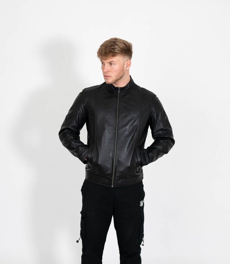 Men's Classic Mandarin Collar Racer Style Leather Jacket - Black