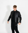 Men's Classic Mandarin Collar Racer Style Leather Jacket - Black