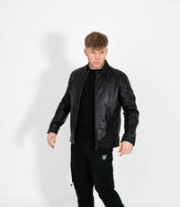 Men's Classic Mandarin Collar Racer Style Leather Jacket - Black