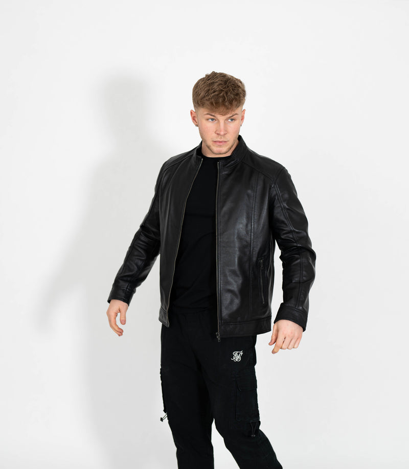 Men's Classic Mandarin Collar Racer Style Leather Jacket - Black