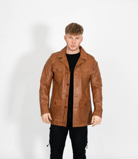 Men's Button Reefer Leather Jacket - Tan