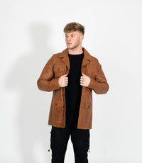 Men's Button Reefer Leather Jacket - Tan