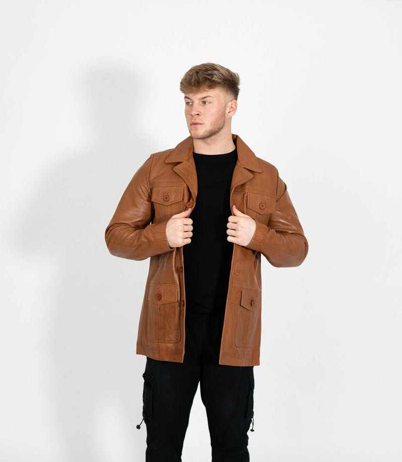 Men's Button Reefer Leather Jacket - Tan