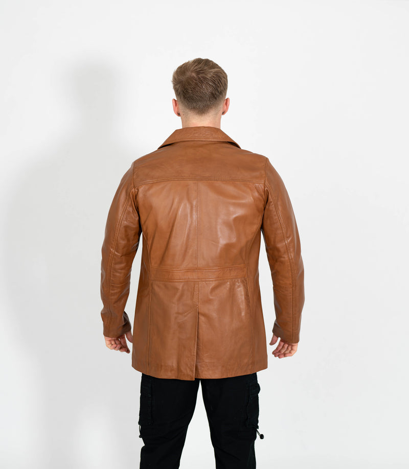 Men's Button Reefer Leather Jacket - Tan