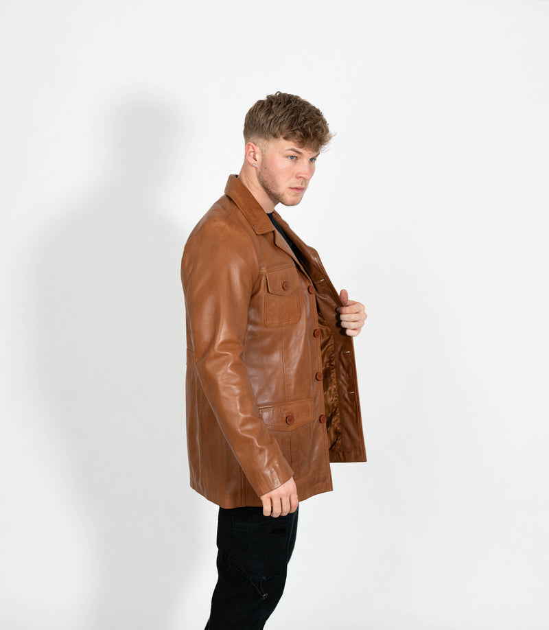 Men's Button Reefer Leather Jacket - Tan