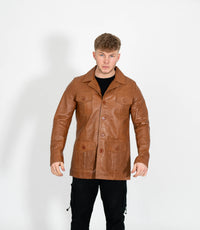 Men's Button Reefer Leather Jacket - Tan