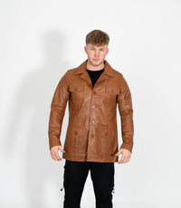 Men's Button Reefer Leather Jacket - Tan