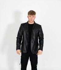Men's Classic Three Button Leather Blazer - Black