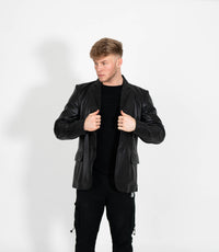 Men's Classic Three Button Leather Blazer - Black