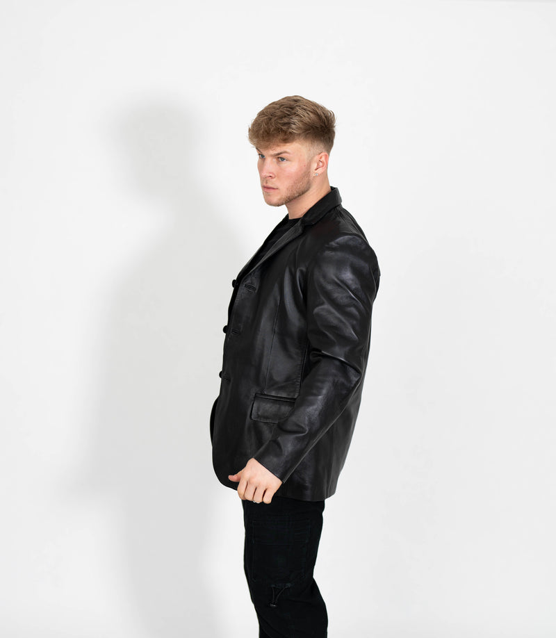 Men's Classic Three Button Leather Blazer - Black