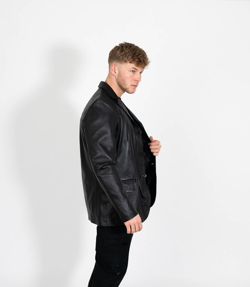 Men's Classic Three Button Leather Blazer - Black