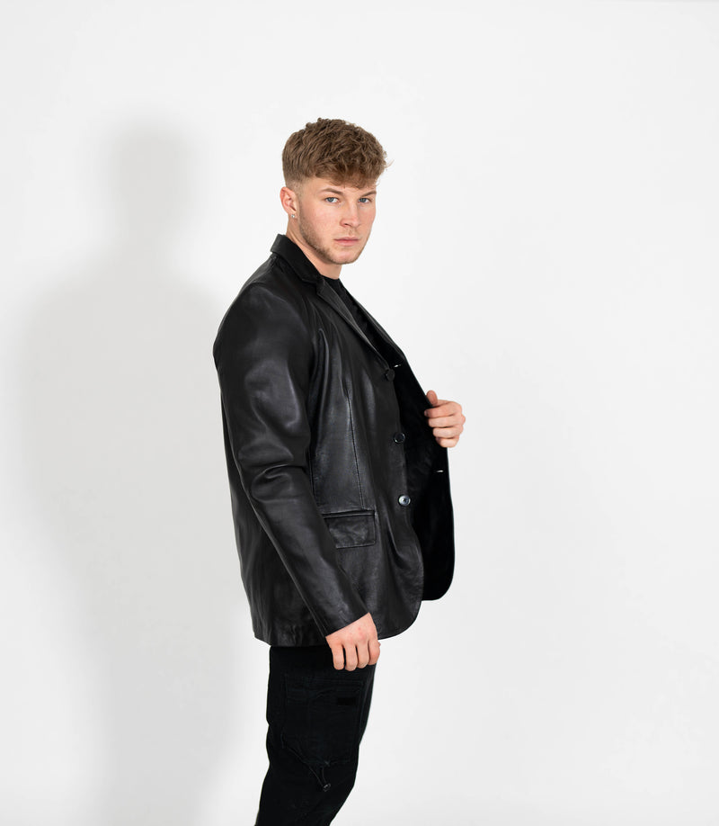 Men's Classic Three Button Leather Blazer - Black