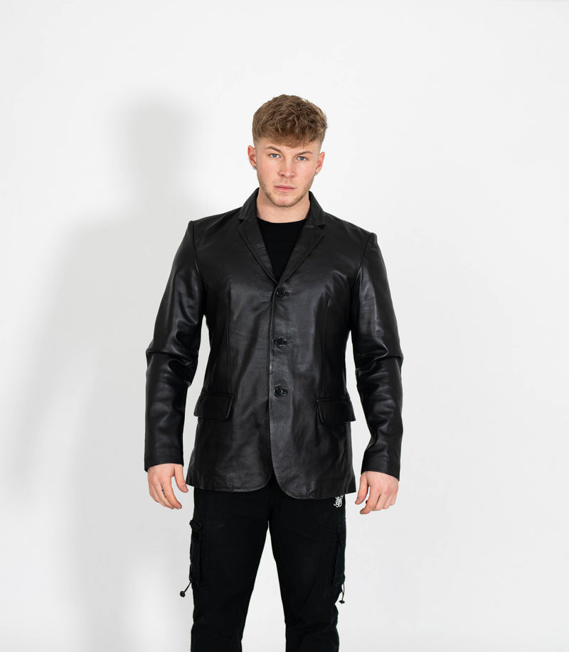Men's Classic Three Button Leather Blazer - Black