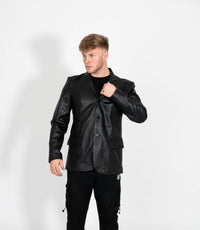 Men's Classic Three Button Leather Blazer - Black