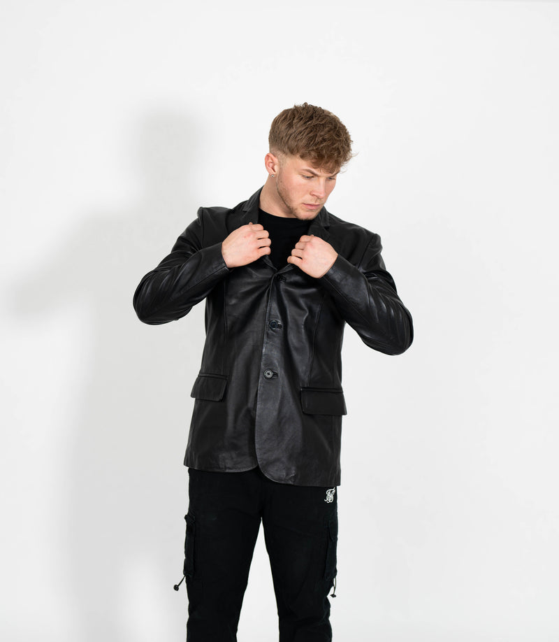 Men's Classic Three Button Leather Blazer - Black