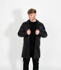 Men's Leather Trench Coat - Black