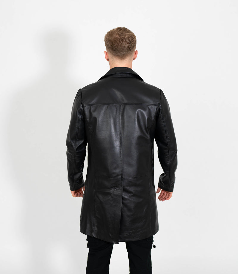 Men's Leather Trench Coat - Black
