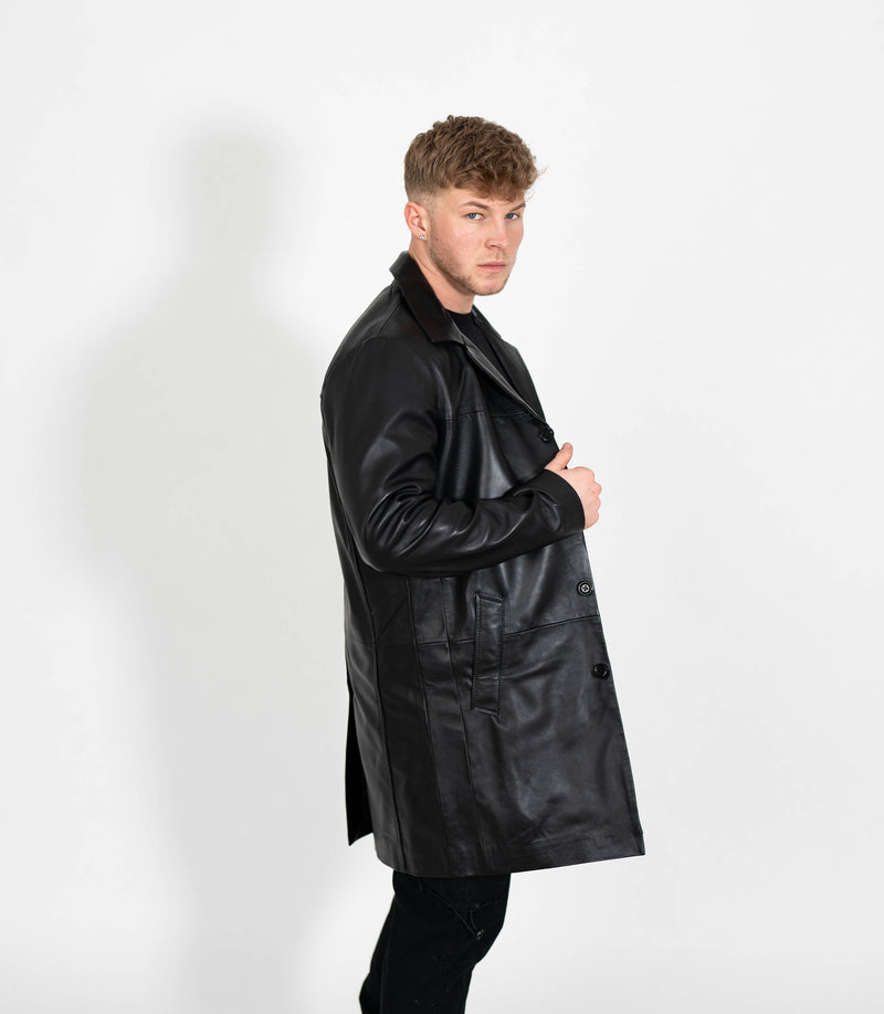 Men's Leather Trench Coat - Black