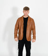 Men's Classic Three Button Leather Blazer - Tan