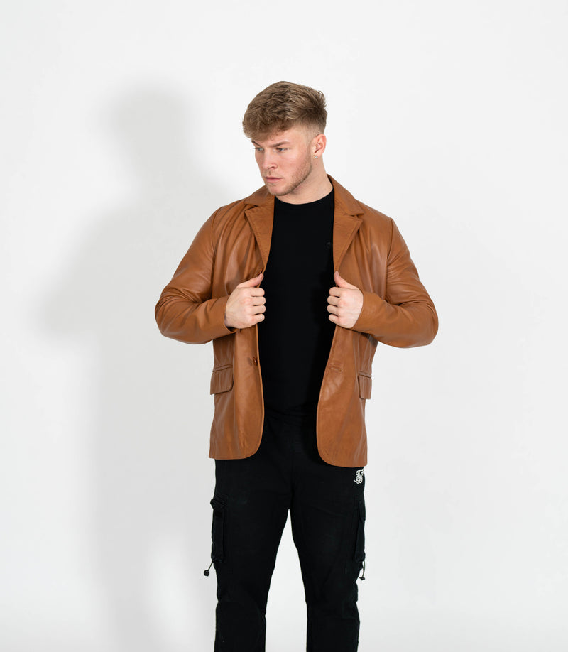 Men's Classic Three Button Leather Blazer - Tan