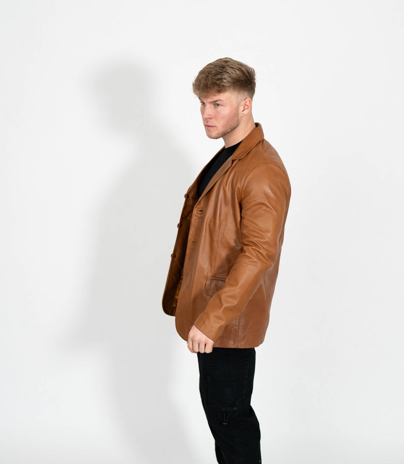 Men's Classic Three Button Leather Blazer - Tan