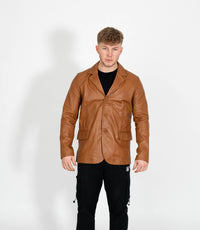 Men's Classic Three Button Leather Blazer - Tan