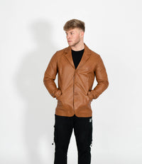 Men's Classic Three Button Leather Blazer - Tan
