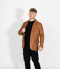 Men's Classic Three Button Leather Blazer - Tan