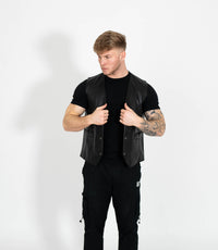 Men's V-Neck Adjustable Leather Waistcoat - Black