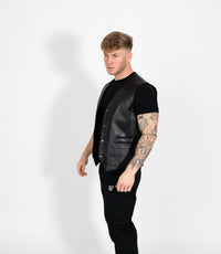 Men's V-Neck Adjustable Leather Waistcoat - Black