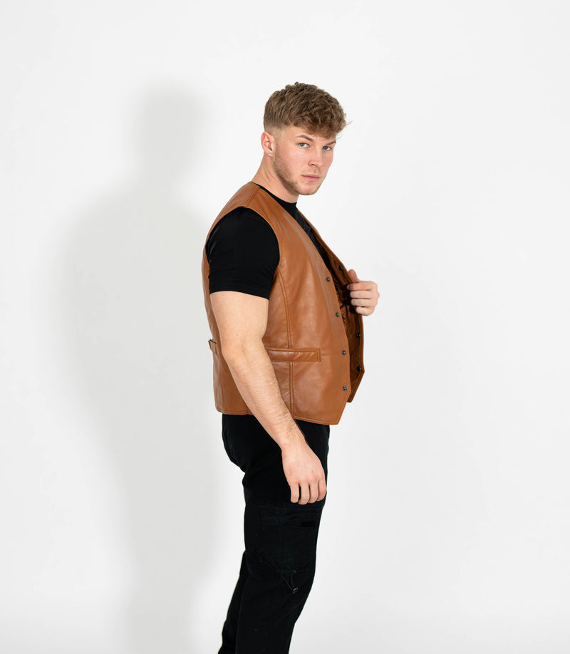 Men's V-Neck Adjustable Leather Waistcoat - Tan