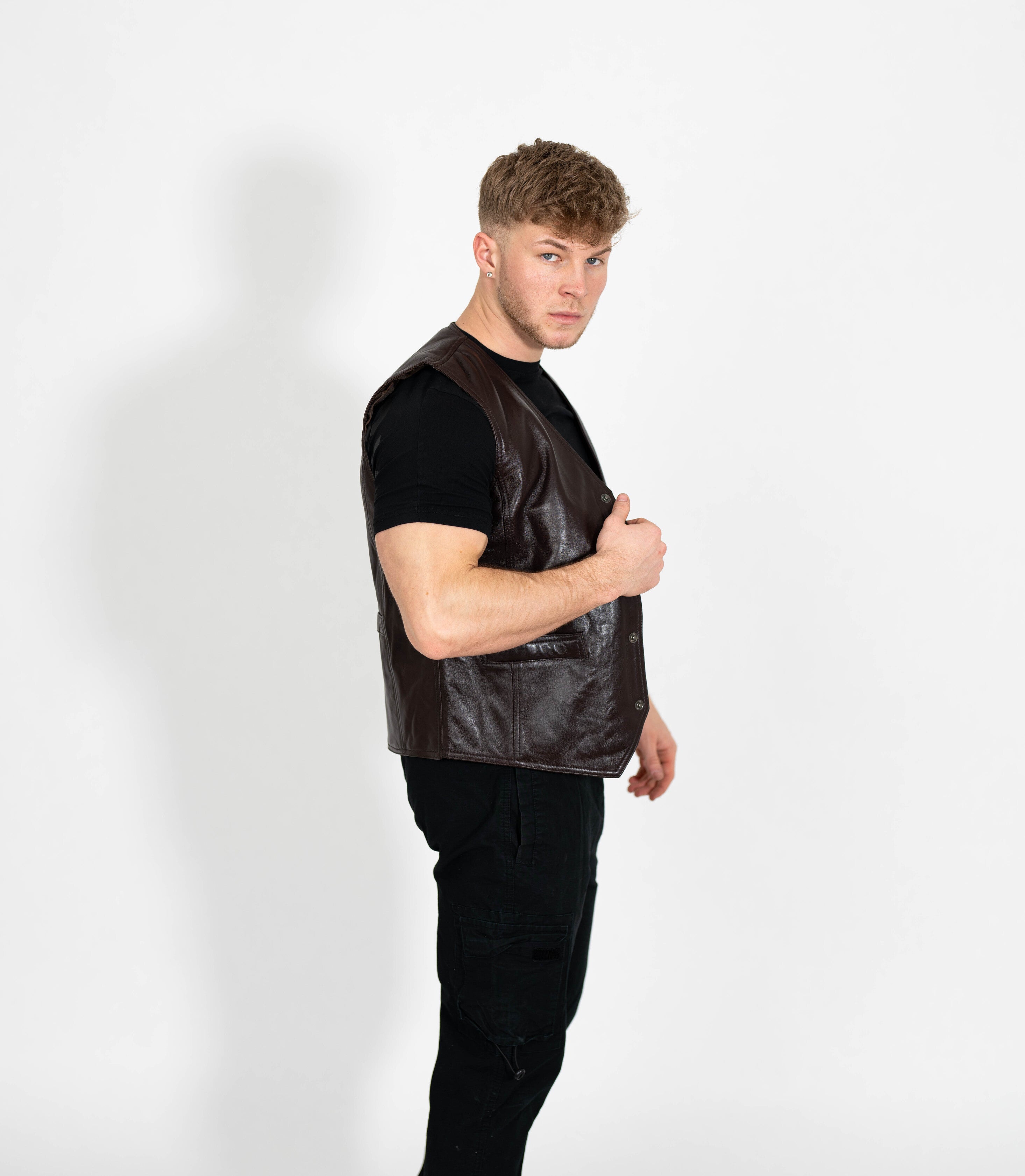 Men's V-Neck Adjustable Leather Waistcoat - Brown – Brick Lane
