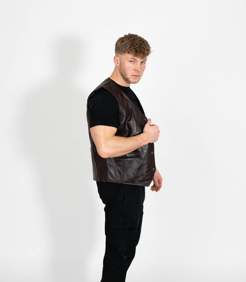 Men's V-Neck Adjustable Leather Waistcoat - Brown