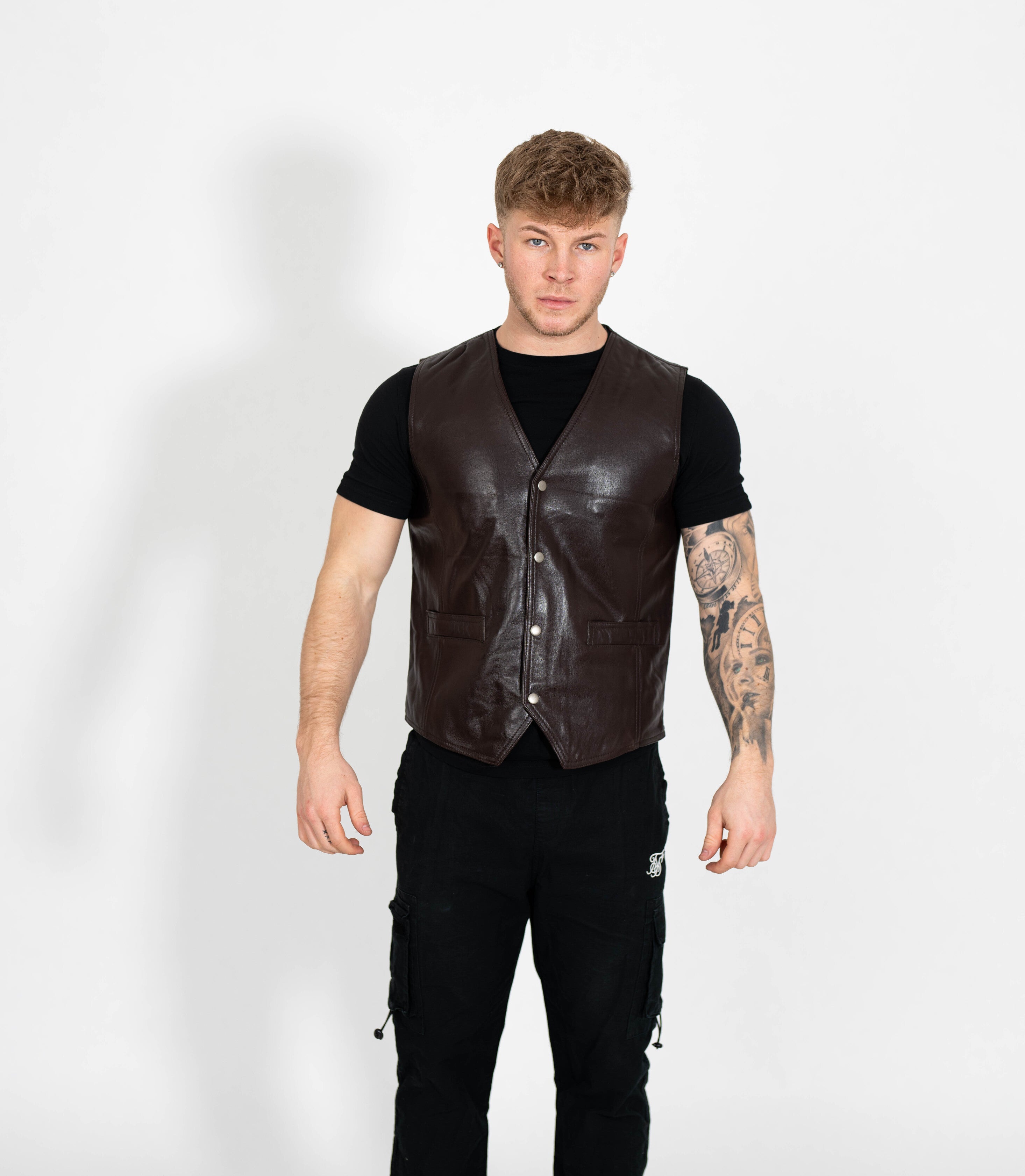 Men's V-Neck Adjustable Leather Waistcoat - Brown – Brick Lane